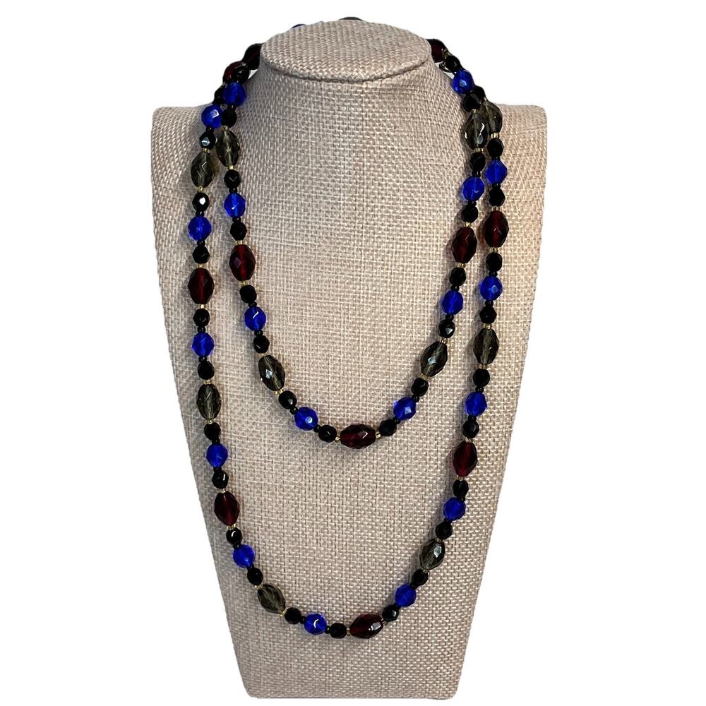 Vintage Art Glass Four Tone Color Range Blue Red Gold Necklace 36" Long (#B10)